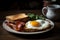 Closeup photo of a plate of bacon, eggs, and toast breakfast AI generated