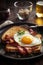 Closeup photo of a plate of bacon, eggs, and toast breakfast AI generated