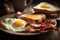 Closeup photo of a plate of bacon, eggs, and toast breakfast AI generated