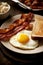 Closeup photo of a plate of bacon, eggs, and toast breakfast AI generated