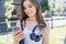 Closeup photo portrait of beautiful dreamy positive nice pretty cute lovely she her lady using tech gadget choosing track from