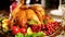 Closeup photo of roasted chicken on big dish on Christmas dinner table