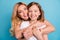 Closeup photo of two people beautiful mom lady little daughter hugging best friends piggyback holding arms spend time