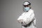 Closeup photo of woman expert doc virology center clinic wear respiratory mask hazmat blue uniform suit plastic facial protective