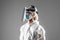 Closeup photo of woman expert doc virology center clinic wear respiratory mask hazmat blue uniform suit plastic facial protective