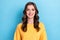 Closeup photo of young adorable pretty gorgeous cute woman wear yellow shirt toothy smile curly hair look you employer