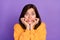 Closeup photo of young attractive cute woman wear yellow sweater nervous bite fingers funny grimace problems career