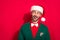 Closeup photo of young hadsome stubble beard man wear santa headwear look dreamy empty space advertisement new brand