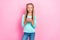 Closeup photo of young preteen cute schoolgirl positive wear blue pullover hold new smartphone good mood typing blog