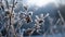 Closeup photograph of icy frost on tree branch with leaves and berries. Winter ice and snow in a forest background.