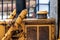 Closeup photograph of an old large industrial yellow bulldozer machine weathered, rusty and worn sitting on a beach in Chicago