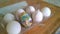 A closeup photograph of a single painted plastic Easter egg nested inside of a plastic egg carton with several real chicken eggs