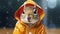 Closeup of photorealistic chipmunk wearing yellow rain coat with hood on over autumn leaves background. AI generative.