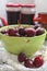 Closeup picture of a green bowl of fresh cherries