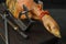 Closeup of a piece of pork meat\'s thigh on a steel holder