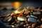 Closeup of a piece of shining gold nugget on a stack of pebbles