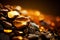 Closeup of a piece of shining gold nugget on a stack of pebbles