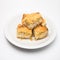 Closeup of pieces of coconut cake isolated