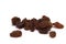 Closeup pile dried shriveled raisins white background