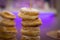 Closeup of a pile of sugared donuts, typical fried donuts