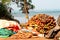 Closeup of piles of rustic colorful fishing nets on the shore of the sea