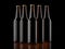 Closeup pin of brown beer bottles. 3D render, studio light, dark mirror background.