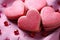 Closeup pink background lot cookies shape hearts. Generative AI