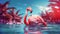 Closeup of a pink flamingo floating in water. Decorative plants in blurry background