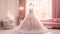 Closeup pink wedding dress in bridal room background. Banner. Front view of stylish dress for wedding day. Beautiful clothes for