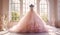 Closeup pink wedding dress in bridal room background. Banner. Front view of stylish dress for wedding day. Beautiful clothes for