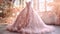 Closeup pink wedding dress in bridal room background. Banner. Front view of stylish dress for wedding day. Beautiful clothes for