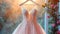 Closeup pink wedding dress in bridal room background. Banner. Front view of stylish dress for wedding day. Beautiful clothes for