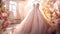 Closeup pink wedding dress in bridal salon room background. Banner. Front view of stylish dress for wedding day. Beautiful clothes