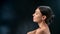 Closeup pleasant brunette Asian woman stroking tender smooth skin neck shoulders enjoy moisturizing