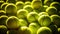 Closeup of a plenty of tennis balls on an empty tennis court, the sunshine. Sports lifestyle concept. Generative AI