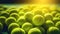 Closeup of a plenty of tennis balls on an empty tennis court, the sunshine. Sports lifestyle concept. Generative AI