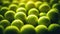 Closeup of a plenty of tennis balls on an empty tennis court, the sunshine. Sports lifestyle concept. Generative AI