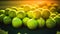 Closeup of a plenty of tennis balls on an empty tennis court, the sunshine. Sports lifestyle concept. Generative AI