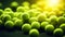 Closeup of a plenty of tennis balls on an empty tennis court, the sunshine. Sports lifestyle concept. Generative AI