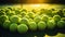 Closeup of a plenty of tennis balls on an empty tennis court, the sunshine. Sports lifestyle concept. Generative AI