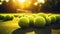 Closeup of a plenty of tennis balls on an empty tennis court, the sunshine. Sports lifestyle concept. Generative AI