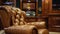 Closeup of a plush leather armchair with builtin cup holders surrounded by elegant wood paneling and a stateoftheart