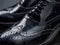 A closeup of a polished leather oxford with a textured black sock representing timeless business fashion.. AI generation