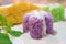 Closeup Popular Thai Purple Sticky Rice with Creamy Coconut Milk and Fresh Ripe Mango
