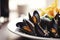 Closeup portion of mussels served with french fries, closeup. Generative AI