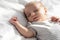 Closeup Portrait Of Adorable Cute Infant Child Sleeping In Bed