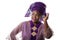 Closeup portrait of beautiful African model in traditional purple costume,isolated