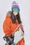 Closeup portrait of beautiful snowboarder girl wearing mask