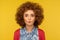 Closeup portrait of cute funny woman with fluffy curly hair expressing amazement with fish face grimace