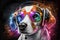 Closeup portrait of a dog wearing headphones and colorful sunglasses. Generative AI